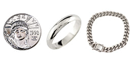 プラチナのコイン、指輪、喜平ブレスレット