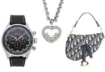 ショパールのネックレスとゼニスの時計とディオールのバッグ