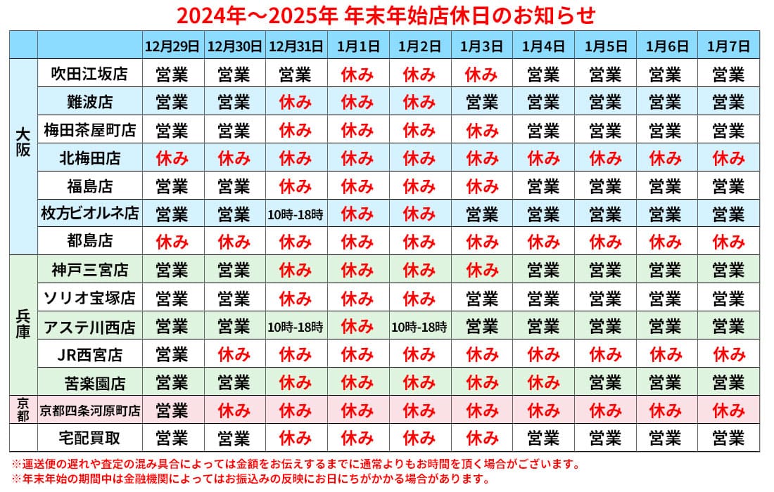 2024-2025年末年始店休スケジュール