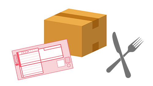 ナイフとフォークのアイコンと宅配買取用の段ボール