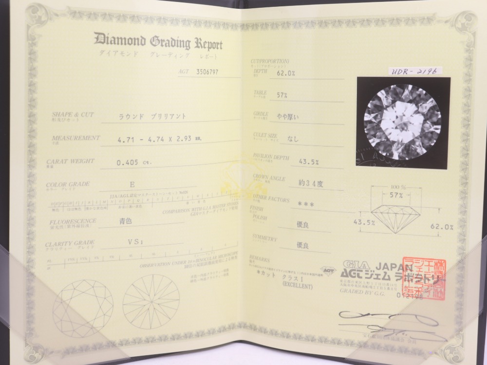 Pt900のダイヤモンドトップ鑑定書