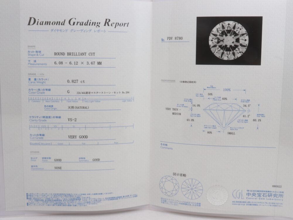 ダイヤトップ0.82ct鑑定書