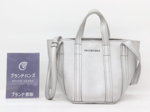バレンシアガ エブリデイ ノースサウス トートXS レザー ２WAYハンドバッグ メタリックグレー 672793