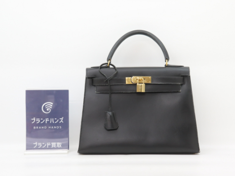 エルメス ケリー28 ボックスカーフ ブラック 〇W刻印 ゴールド金具