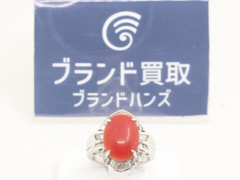 Pt900 珊瑚 ダイヤリング 5.35ct D0.58ct 12.6g