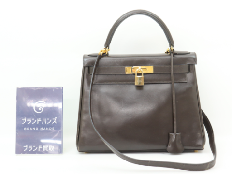 エルメス ケリー28 ボックスカーフ ブラウン G金具 〇W刻印
