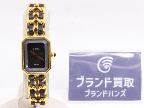 シャネル プルミエール 黒文字盤 GP×革 L クォーツ