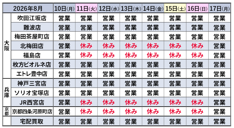 ブランドハンズ2026年お盆休みのスケジュール