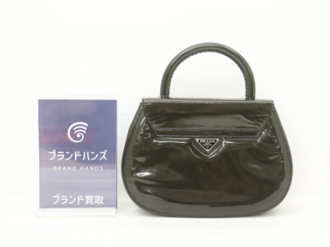 プラダ ハンドバッグ カーキ パテントレザー 三角ロゴプレート